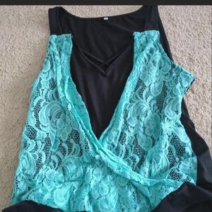 Women's Black and Teal Lace Top